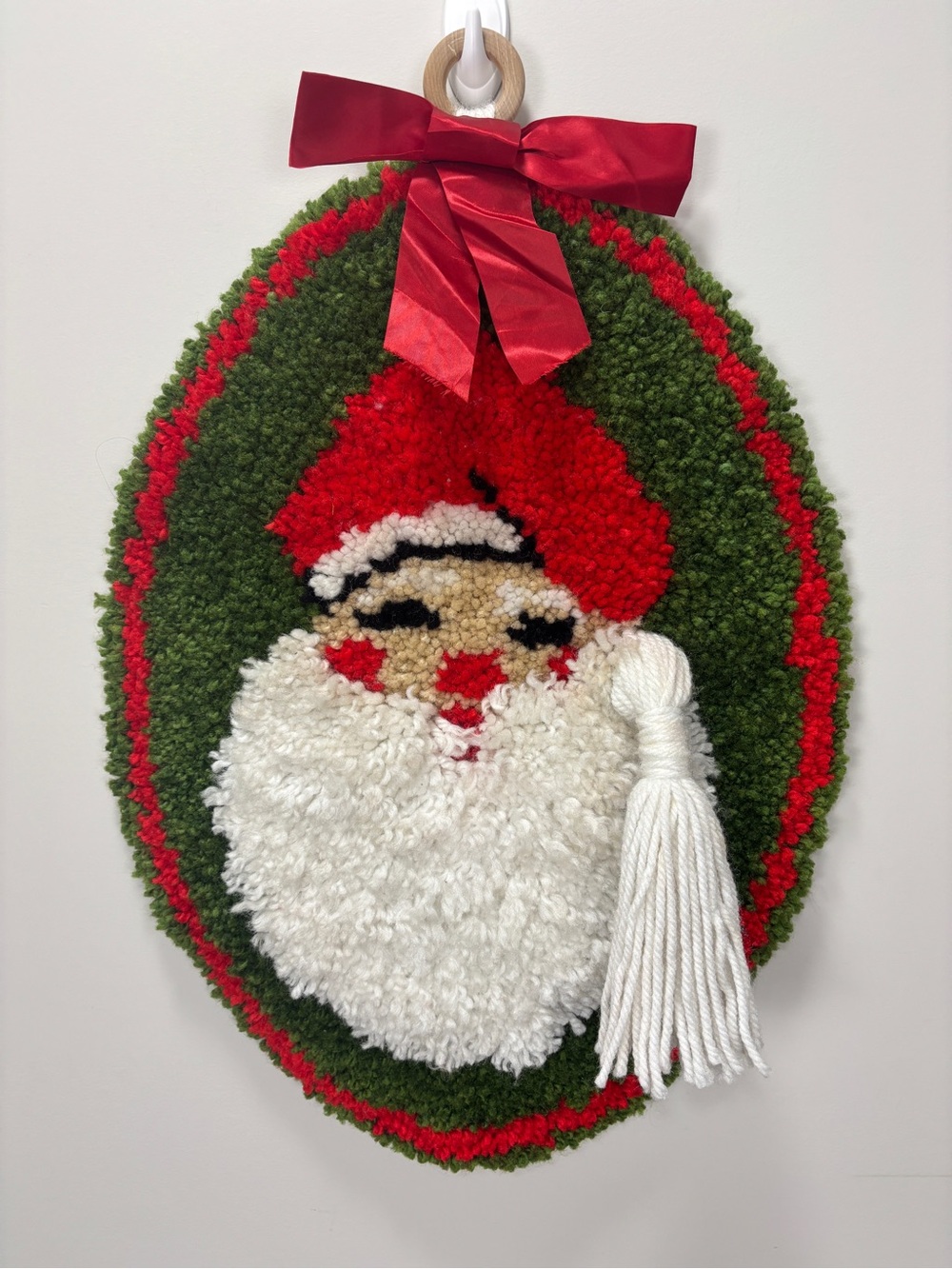 Vintage Handmade Latch & Hook Santa Retro Christmas Decor Wall Hanging